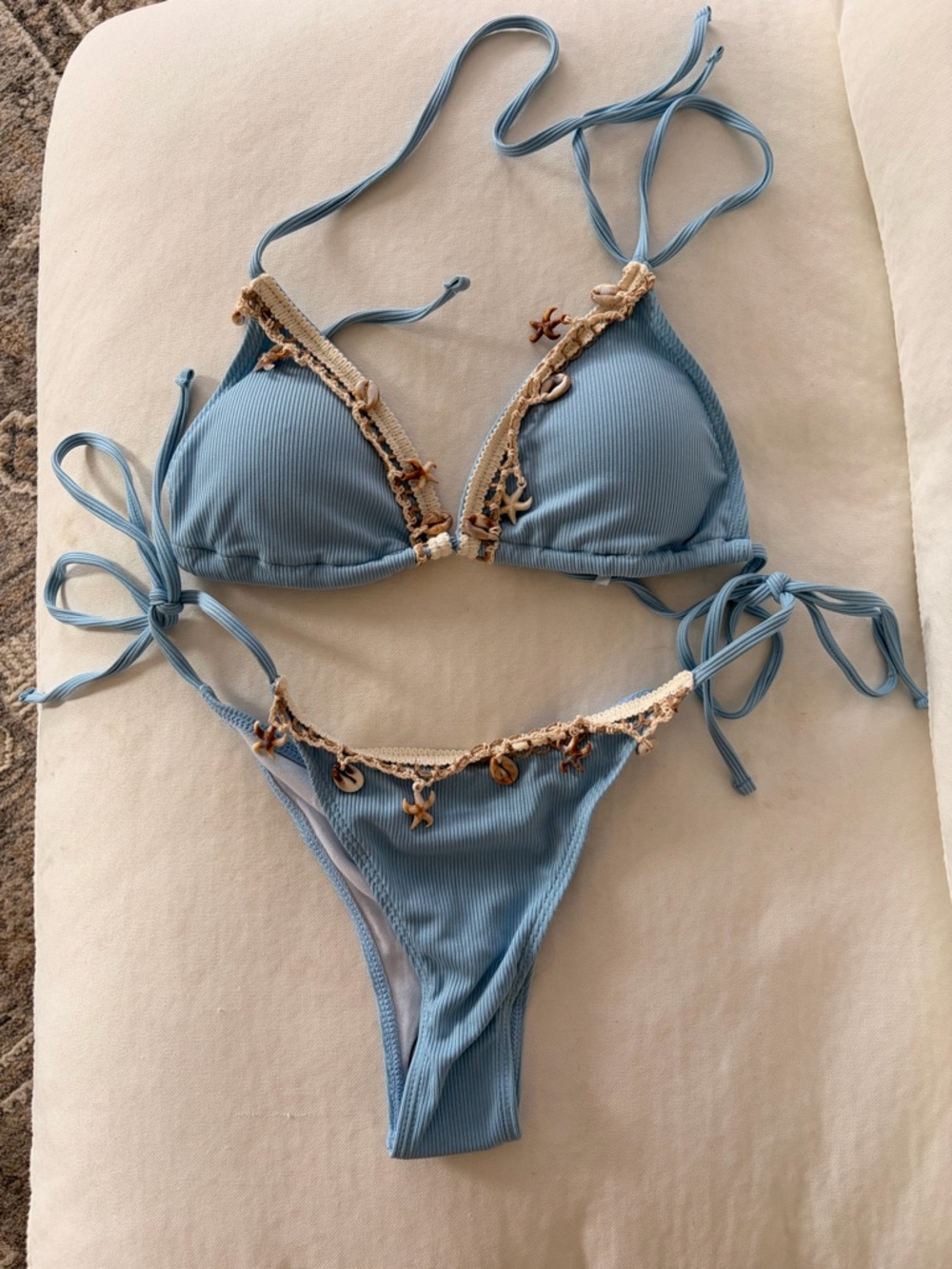 Light Blue Crochet-Trim Tie Bikini Set